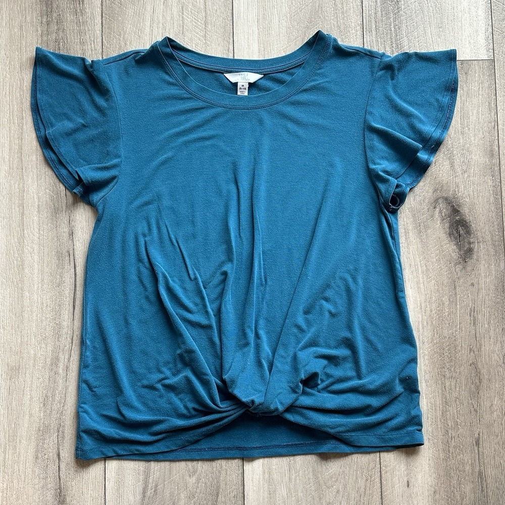 Time and True Women's T-shirt Medium Teal Hacci Knot Front